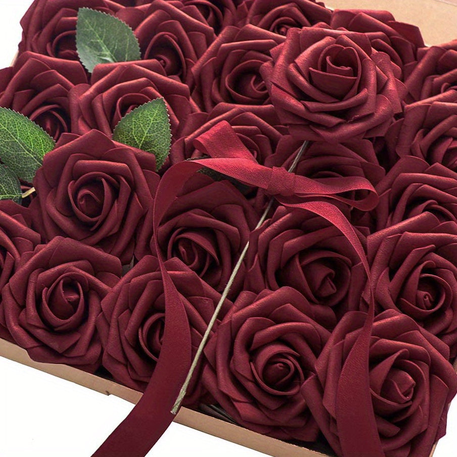 25pcs Real Touch Burgundy Rose Arrangement for Home Wedding Office Cafe Decor