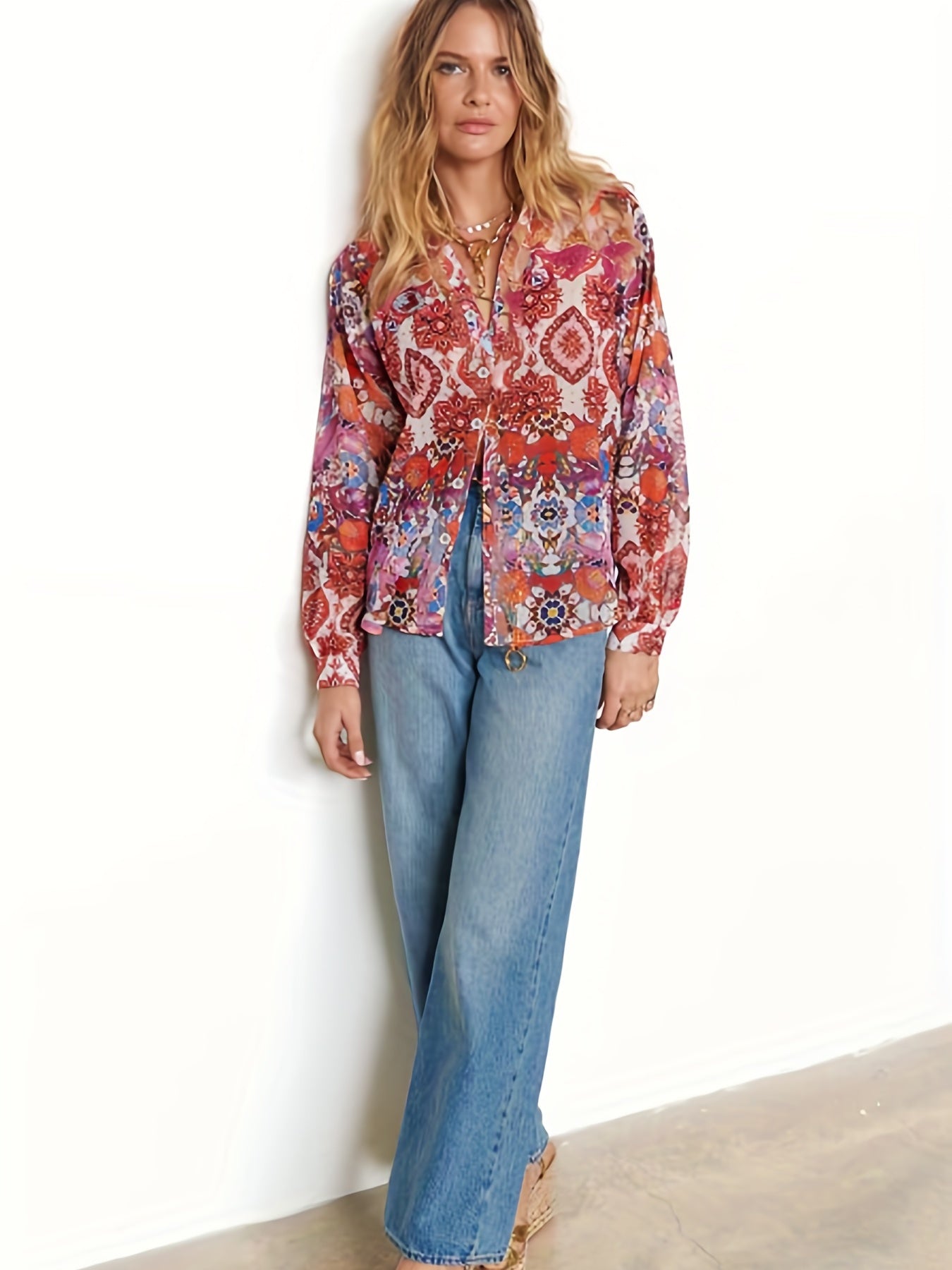  Floral Print Button Up Lantern Sleeve Blouse
