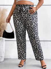 Women's Plus Leopard Print Ruffle Trim Pants With Belt