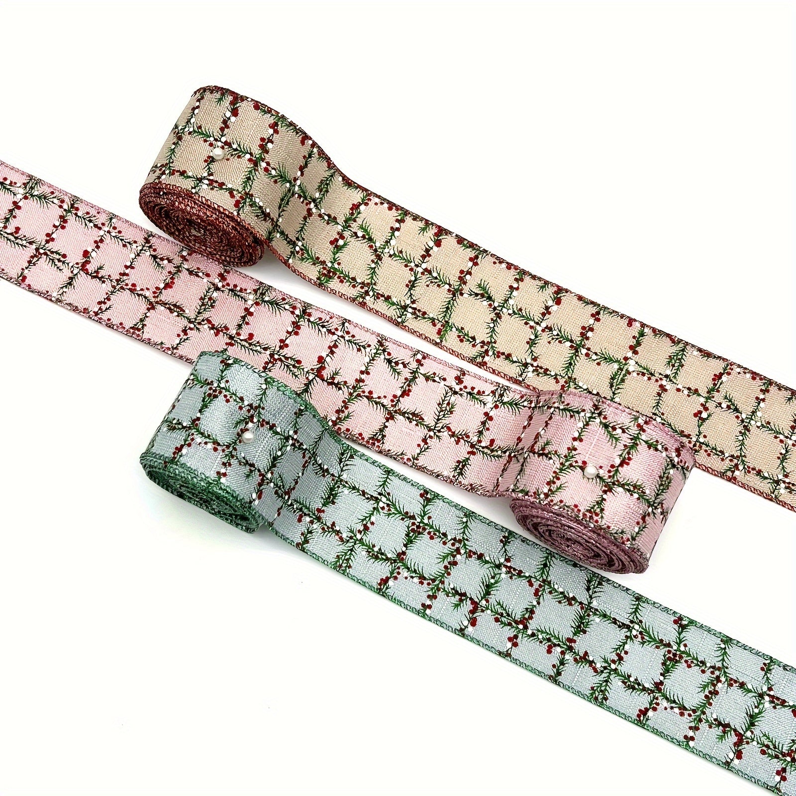 1pc 4 57 Meter Christmas Wired Edge Ribbon Green Twig Checked Pattern
