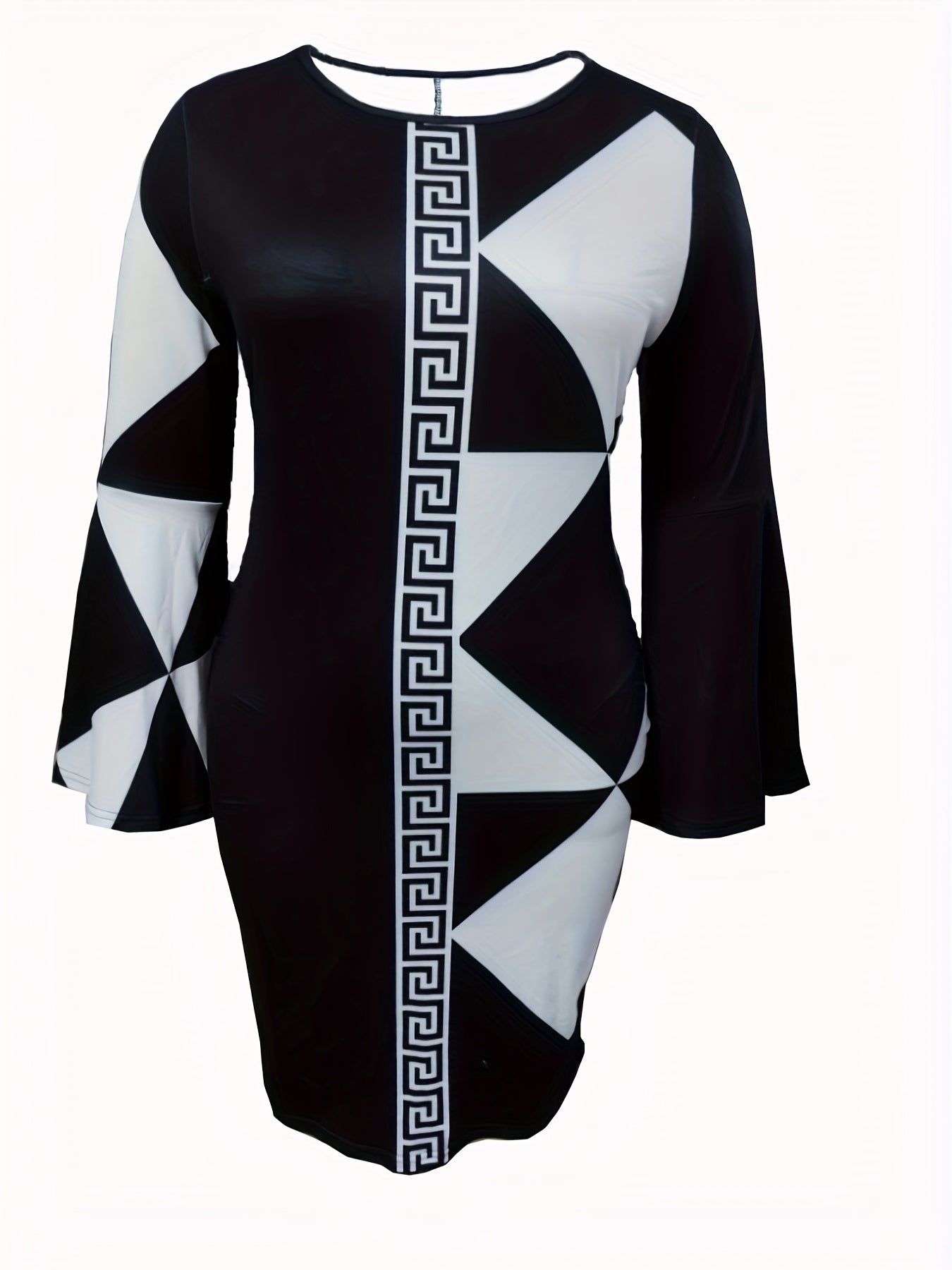  Colorblock Geometric Print Bell Sleeve Dress