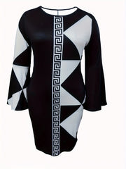  Colorblock Geometric Print Bell Sleeve Dress