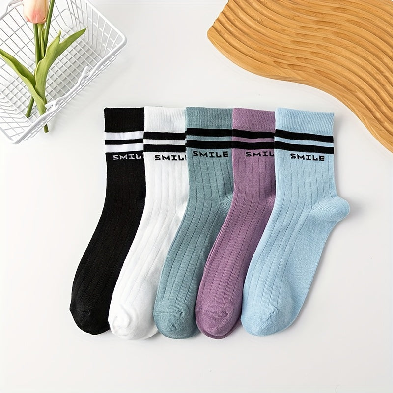 5 Pairs Letter Print Striped Socks Women's Stockings