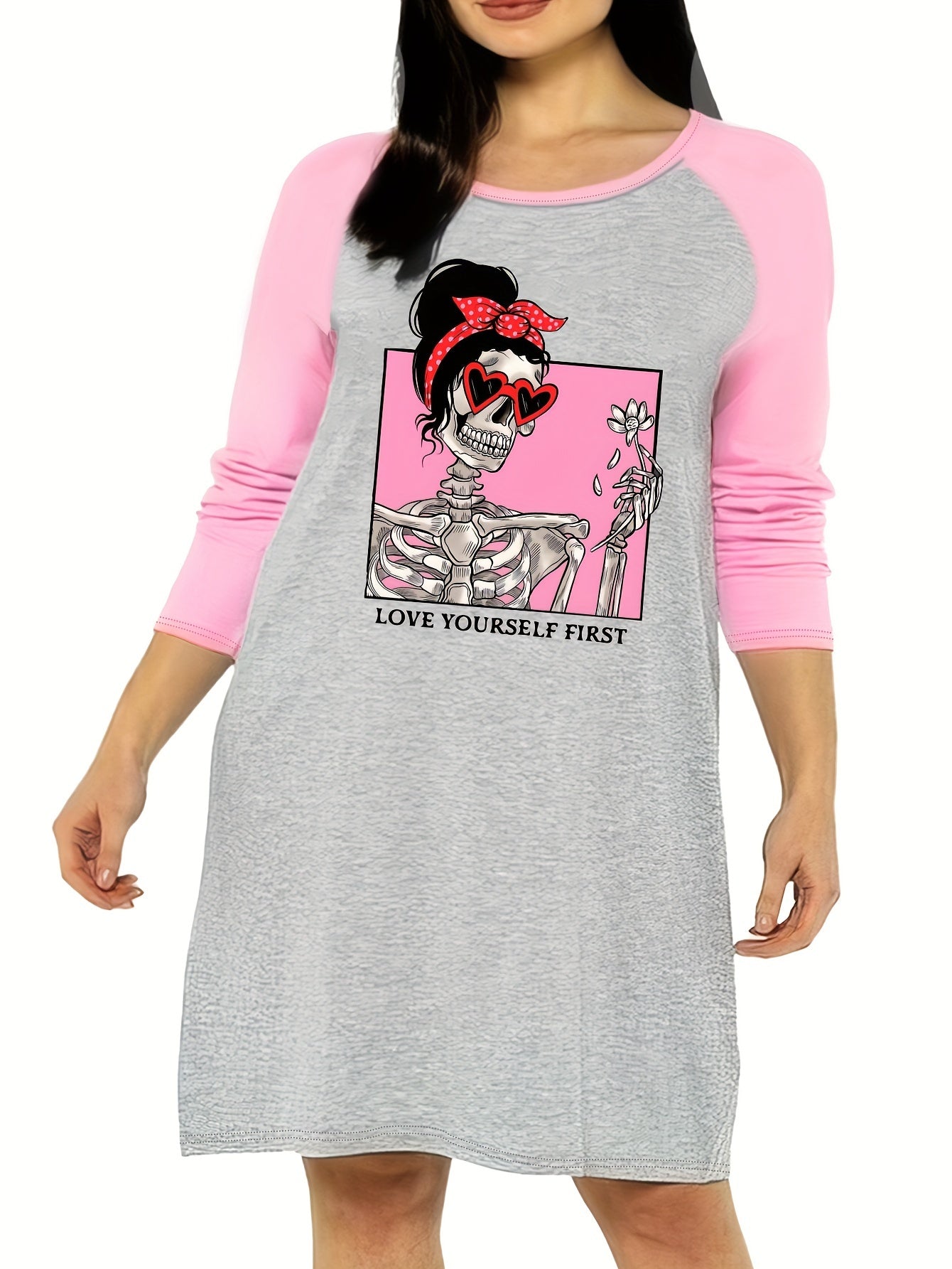  Gothic Nightdress Women's Skull Raglan Sleeve Tee Sleep Dress
