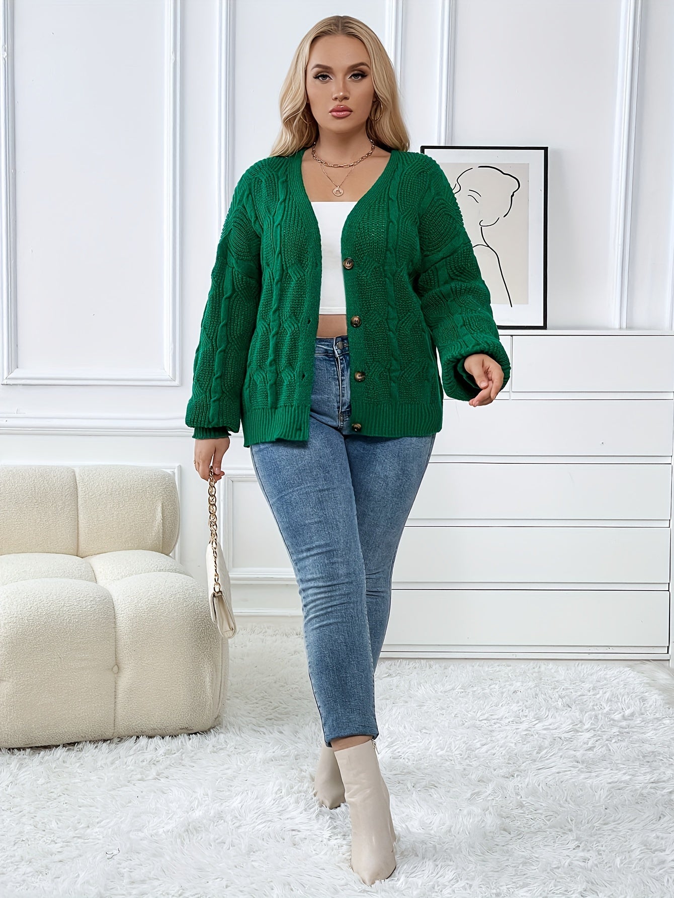  Solid Cable Long Sleeve Button Up Cardigan