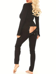 Solid V Neck Long Sleeve Pajama Jumpsuit for Women