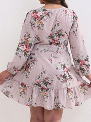 Floral Print Lantern Sleeve Plus Size Mini Dress With Belt