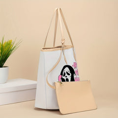 Pink Letter & Ghost Skull Print Tote Bag Lightweight Large Capacity Shoulder Bag