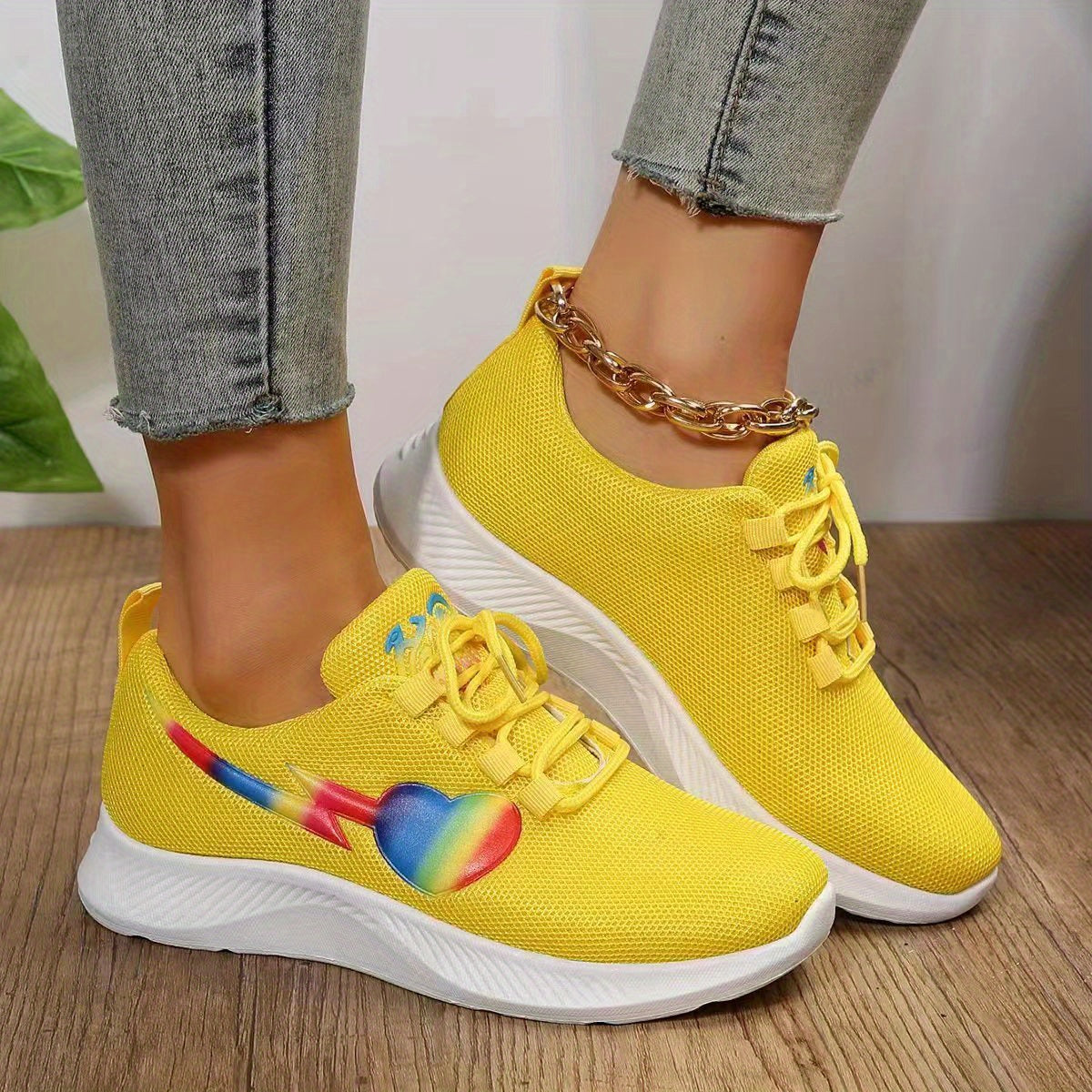 Women's Rainbow Heart & Lightning Running Shoes Breathable Lace Up Athletic Snea