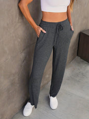  Solid Drawstring Loose Straight Leg Pants