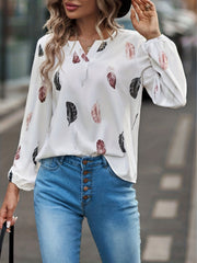 Casual Blouse Feather Print Lantern Sleeve Notched Neck Top