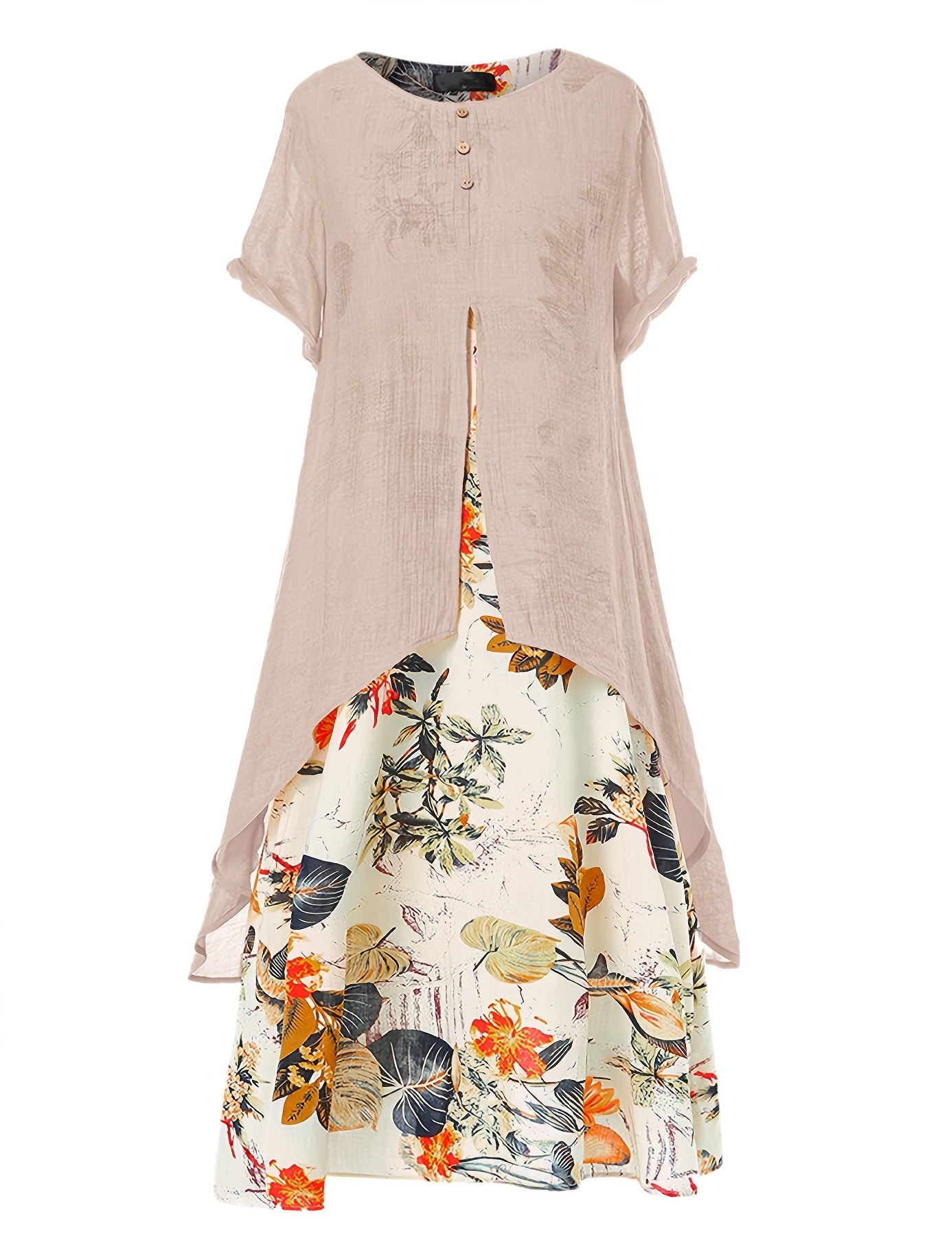 Asymmetrical Floral Print Dress Short Sleeve Crew Neck Casual Dress