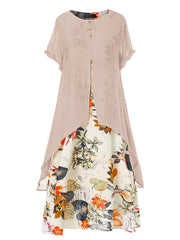 Asymmetrical Floral Print Dress Short Sleeve Crew Neck Casual Dress
