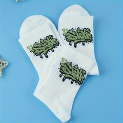 3 Pairs Letter Graffiti Print Mid Tube Socks for Women