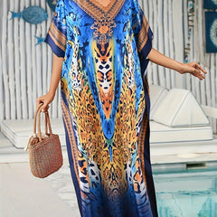  Boho Kaftan Dress Leopard Print V Neck Maxi Beachwear Dress
