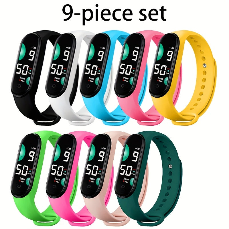 9Pcs Silicone Strap Plastic Case Electronic Sports Watch Set