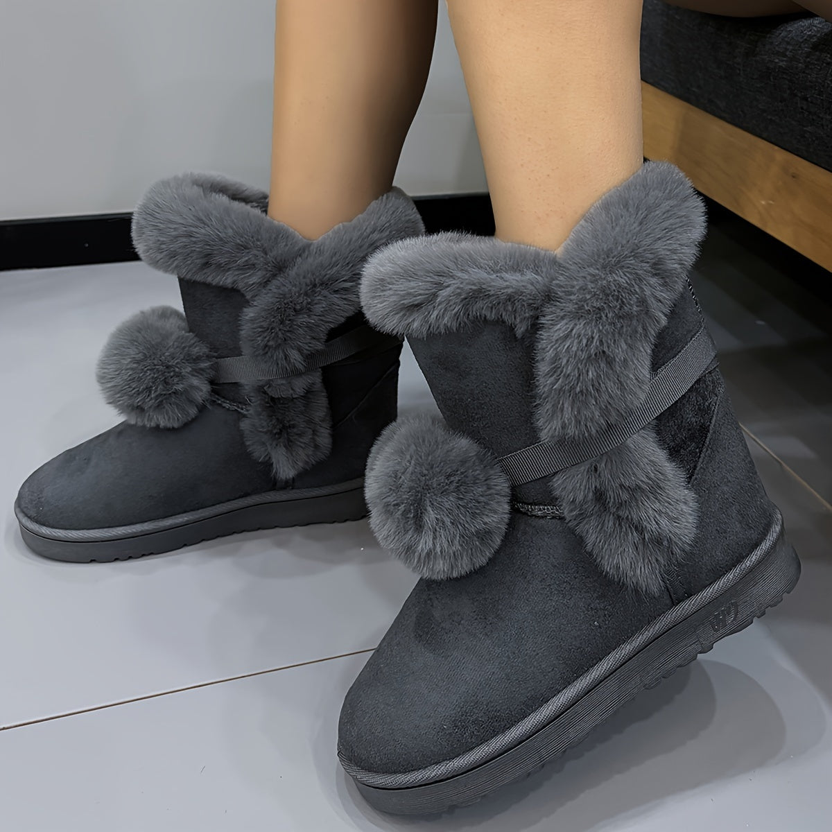 Women's Pompom Thermal Snow Boots Non Slip Flat Snow Shoes