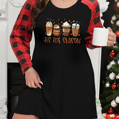 Plus Size Maple Leaf Print Plaid Dress