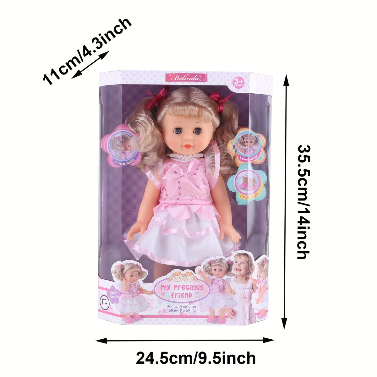 13" Interactive Walking & Singing Doll Pink Dress Red Bow 3 in 1 Functi