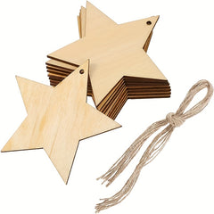 10pcs Wooden Star Ornaments with Hole & Rope DIY Crafts Decoration