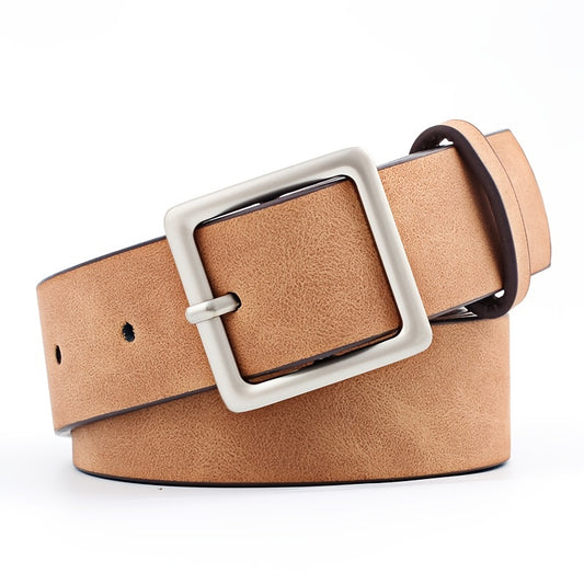 Square Metal Pin Buckle Women Leather Belt for Jeans