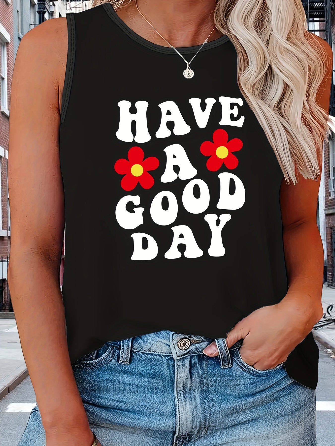 Women's Plus Size Casual Tank Top with Slogan & Heart Print