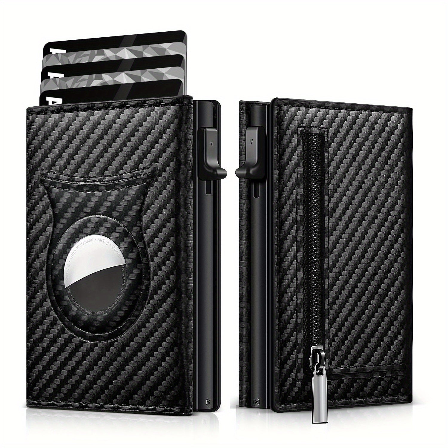 Men's Carbon Fiber Magnetic Card Holder Airtag Leather RFID Zipper Coin Purse