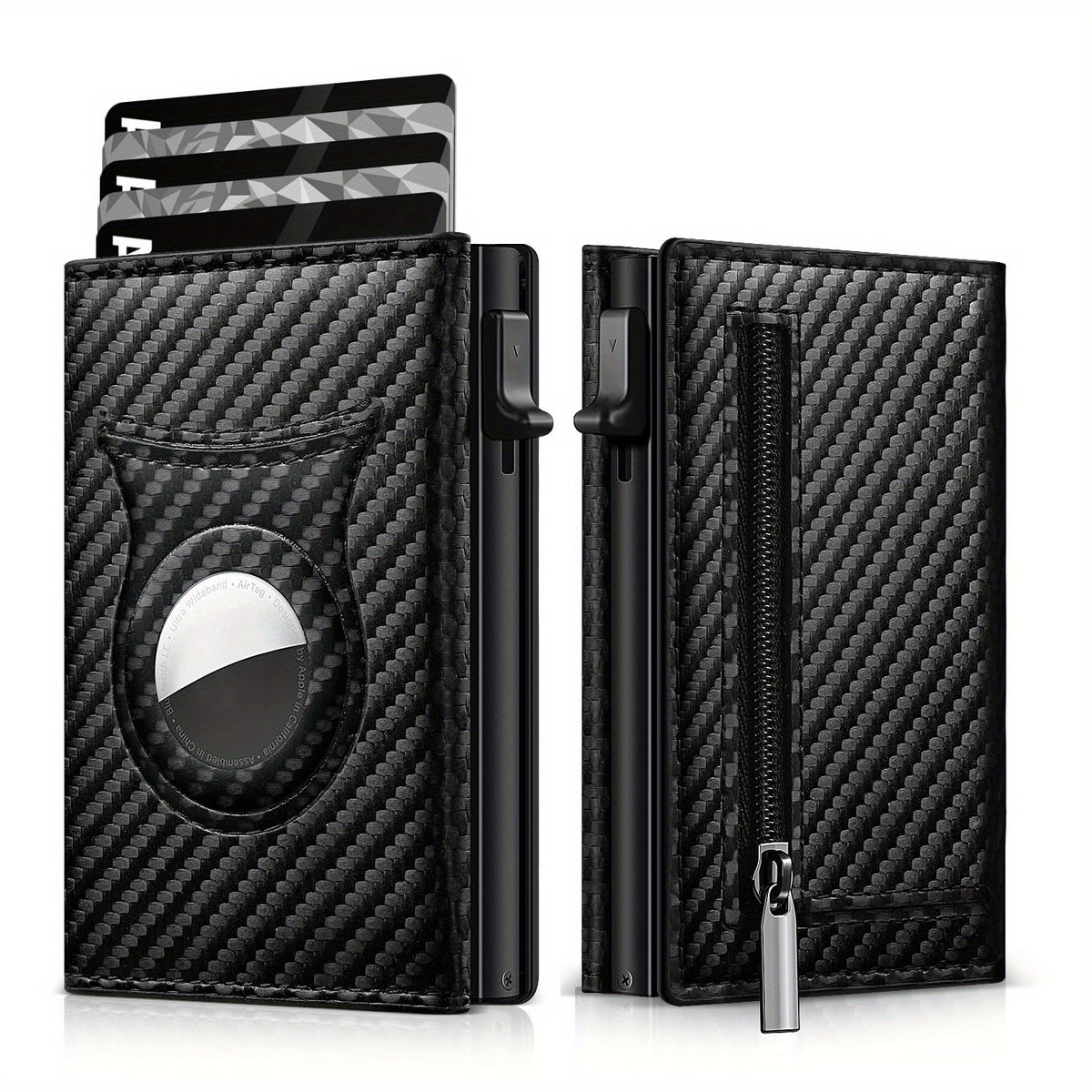 Men's Carbon Fiber Magnetic Card Holder Airtag Leather RFID Zipper Coin Purse