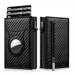 Men's Carbon Fiber Magnetic Card Holder Airtag Leather RFID Zipper Coin Purse