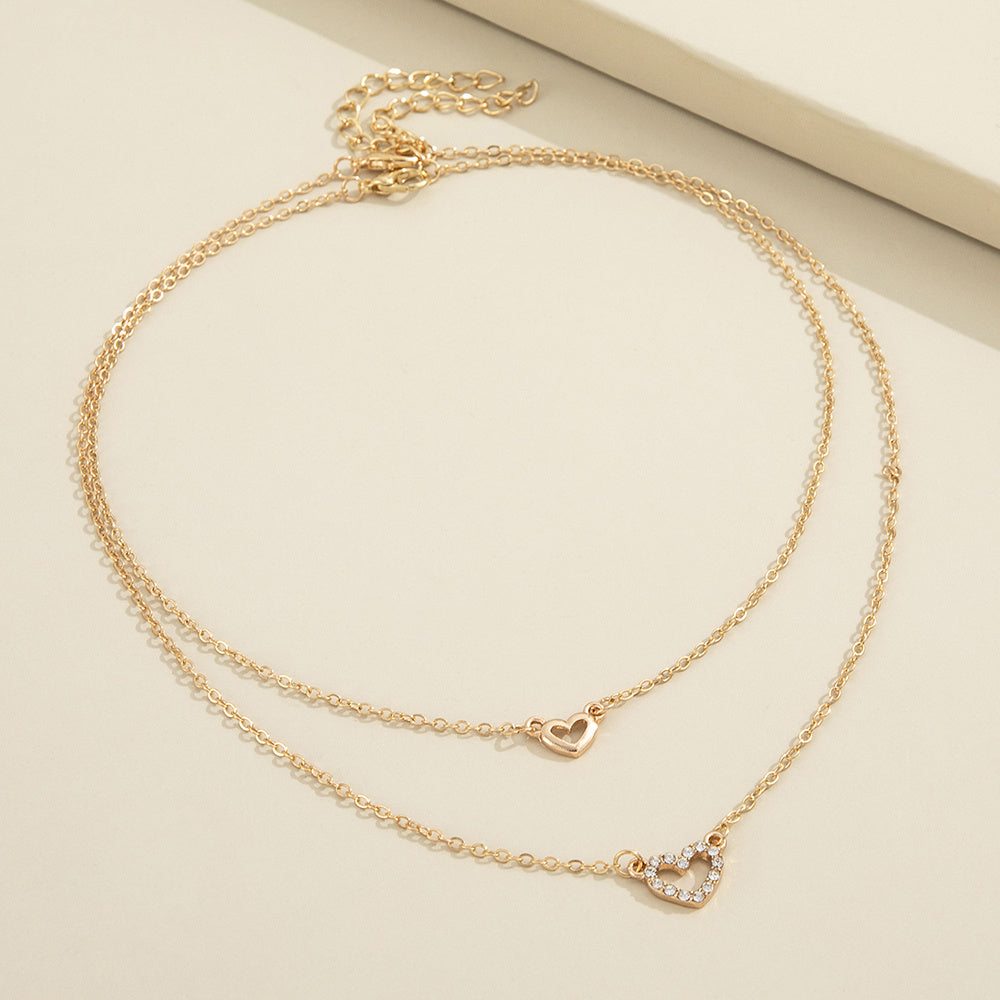Love Faux Diamond Stacked Necklace Female Peach Heart Clavicle Chain 2pcs