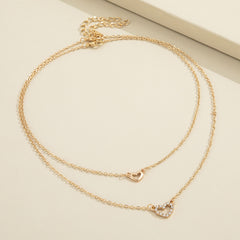Love Faux Diamond Stacked Necklace Female Peach Heart Clavicle Chain 2pcs