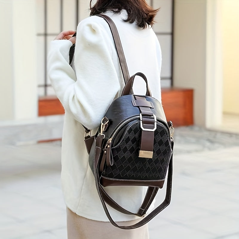 Small Rhombus Pattern Retro Backpack PU Leather Textured School Travel Bag
