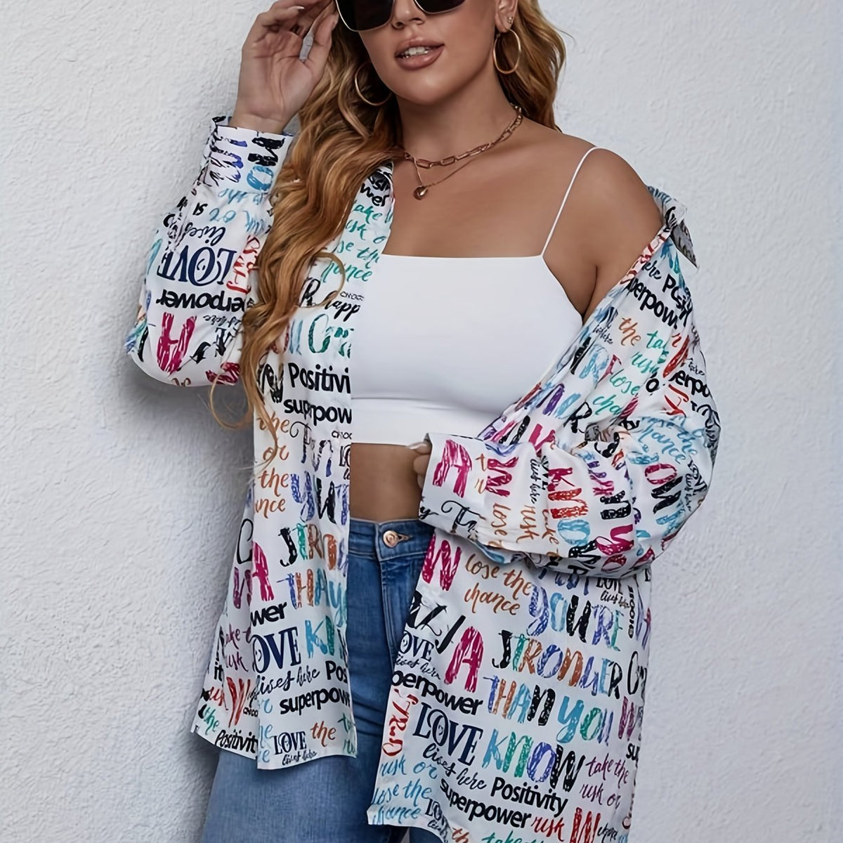  Letter Print Button Up Long Sleeve Blouse