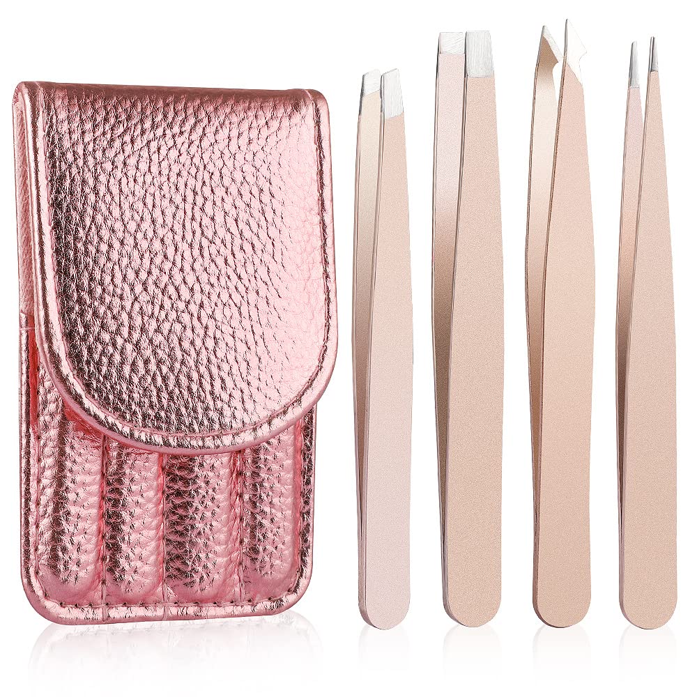 4pcs Stainless Steel Tweezers Set with Travel Case for Hair Removal