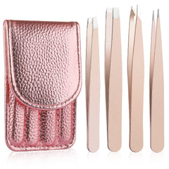 4pcs Stainless Steel Tweezers Set with Travel Case for Hair Removal