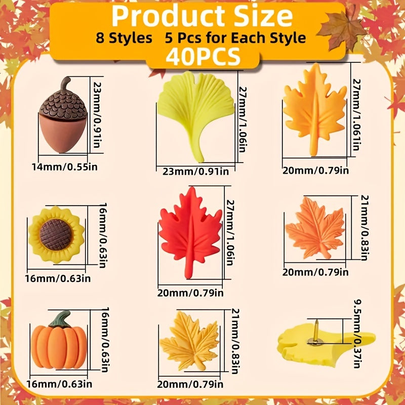 40pcs Fall Decorative Pushpins Leaves Pumpkins Acorns Thanksgiving Decor