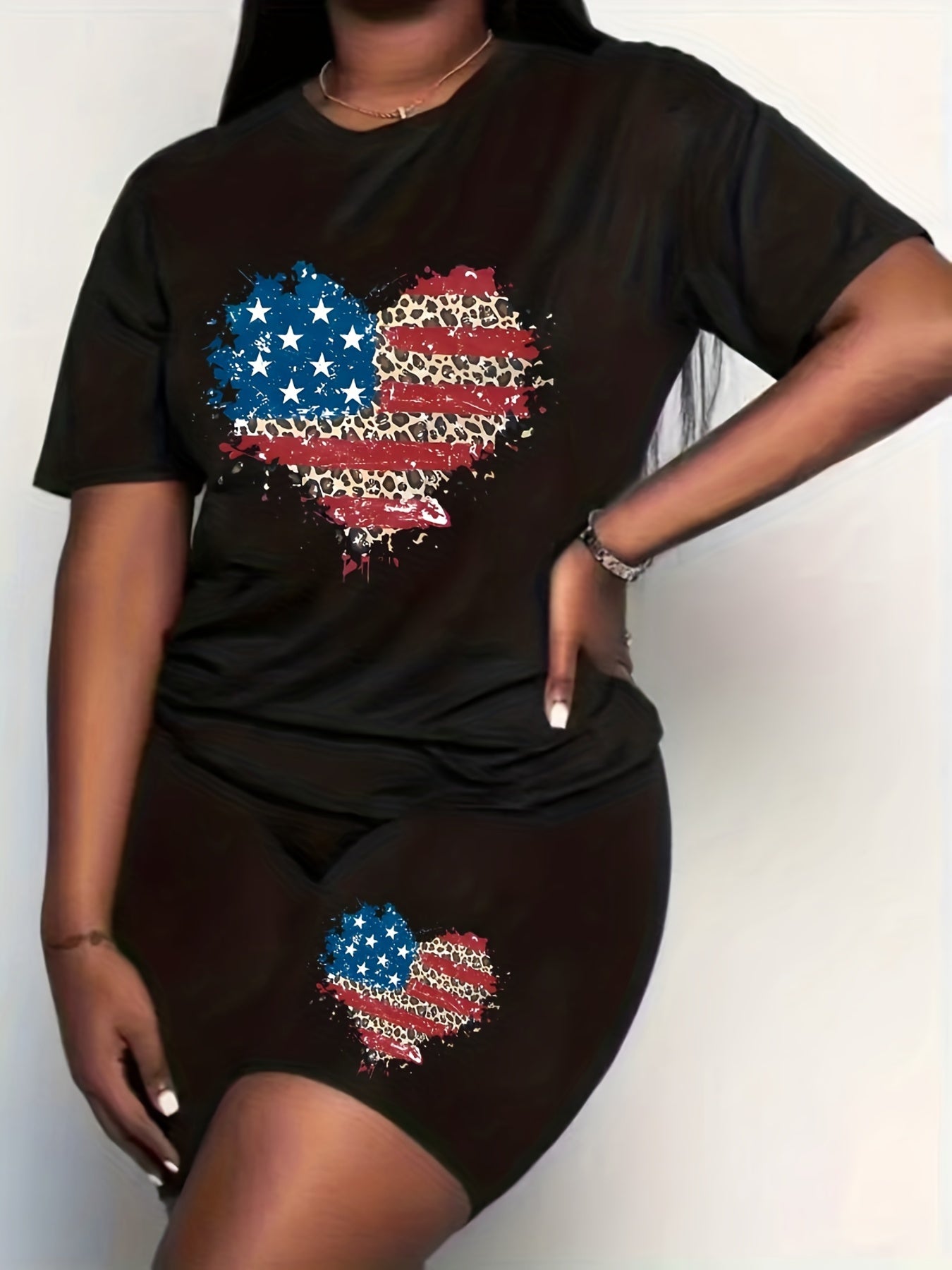  Flag & Leopard Heart Print Crew Neck Top & Shorts Set