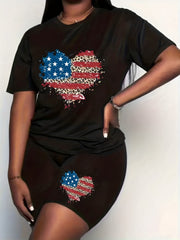  Flag & Leopard Heart Print Crew Neck Top & Shorts Set