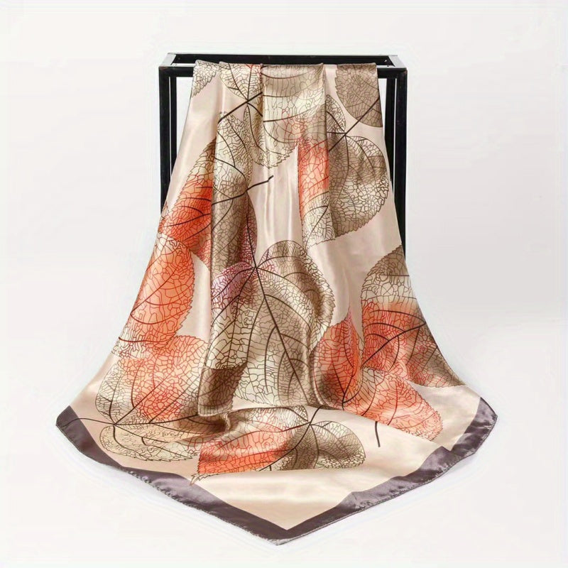 Large Square Leaves Print Satin Scarf Soft Windproof Head Wrap