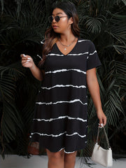  Casual V-Neck Dress Colorblock Stripe Short Sleeve