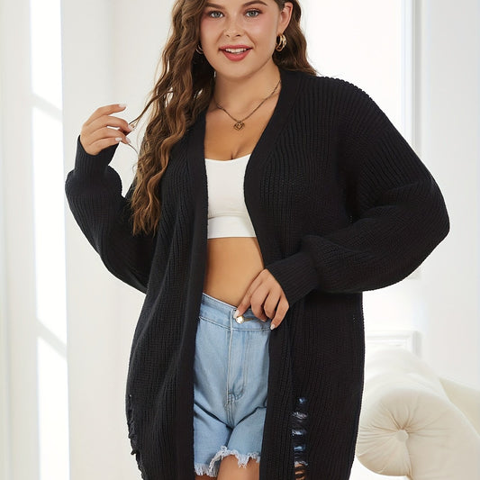  Casual Cardigan Lantern Sleeve Ripped Stretch Cardigan