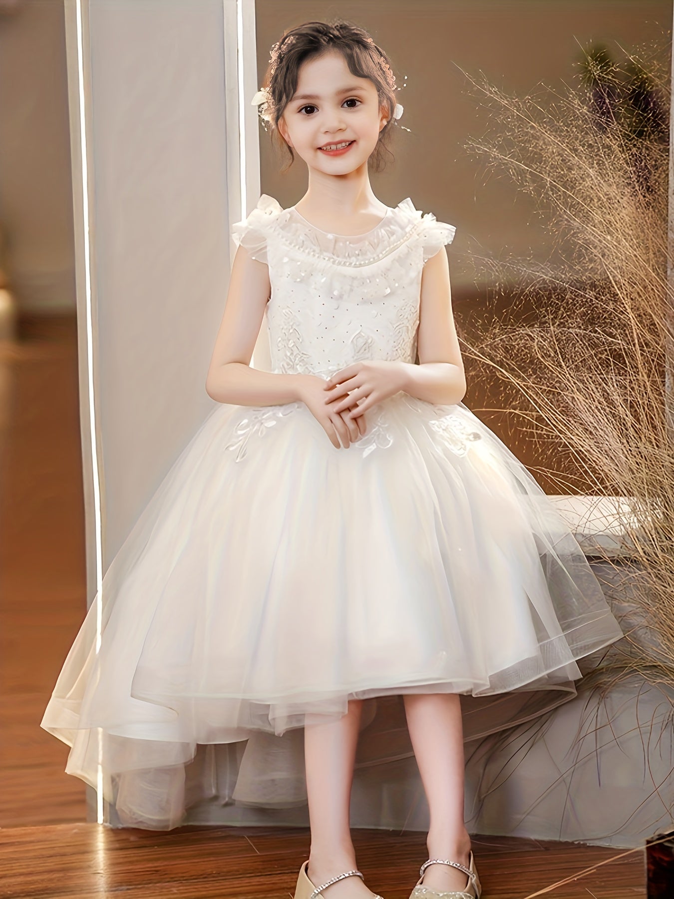 Girls Flowers Embroidery High Low Party Dress