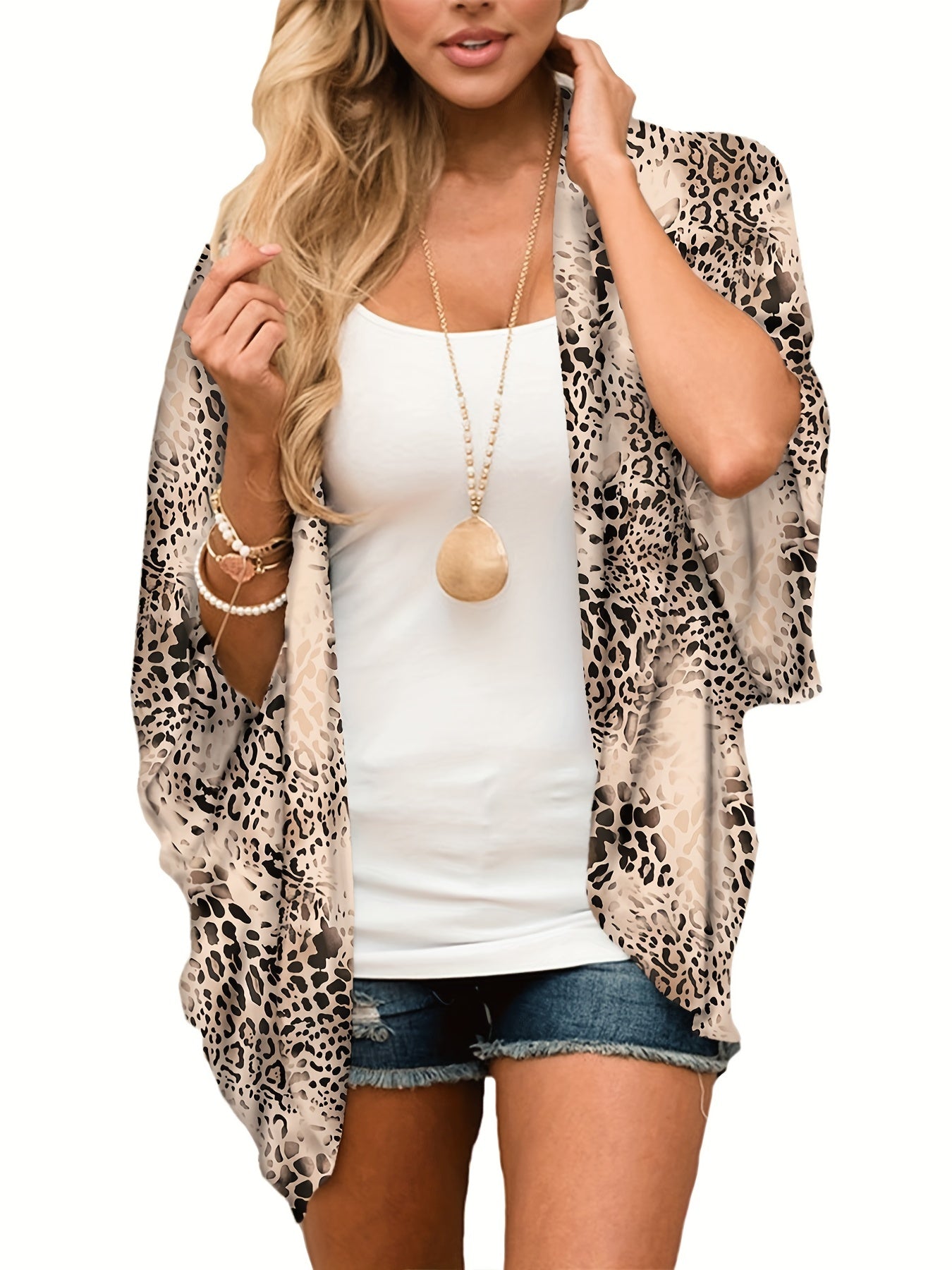 Leopard Print Cover Up Shirt V Neck Loose Fit Long Sleeves Beachwear