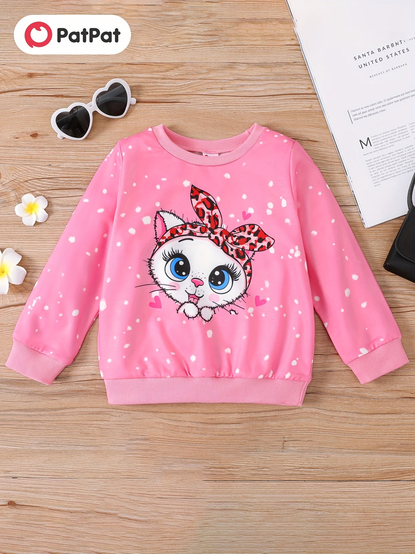 Toddler Girls Cat Print Long Sleeve Pullover Sweatshirt