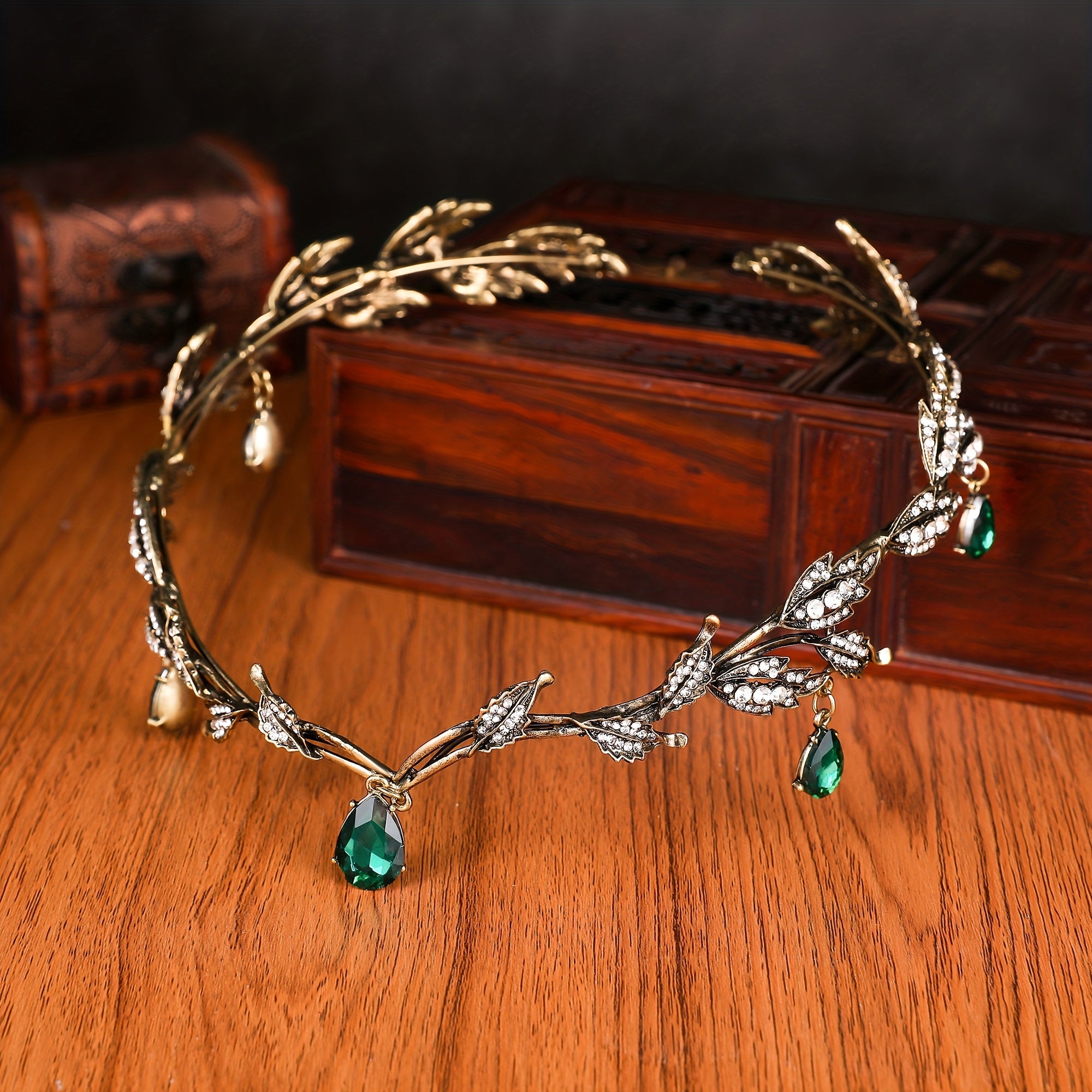 Emerald Green Fairy Crown Tiara Crystal Leaf Elf Bandana Cosplay