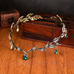 Emerald Green Fairy Crown Tiara Crystal Leaf Elf Bandana Cosplay