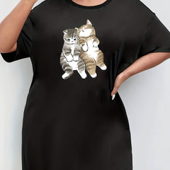  Cats Print Lounge Dress Short Sleeve Round Neck Sleep Dress