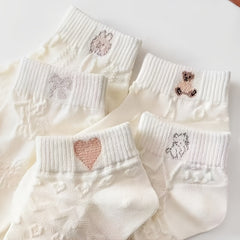 5 Pairs Sweet Bear & Heart Print Ankle Socks Women's Stockings