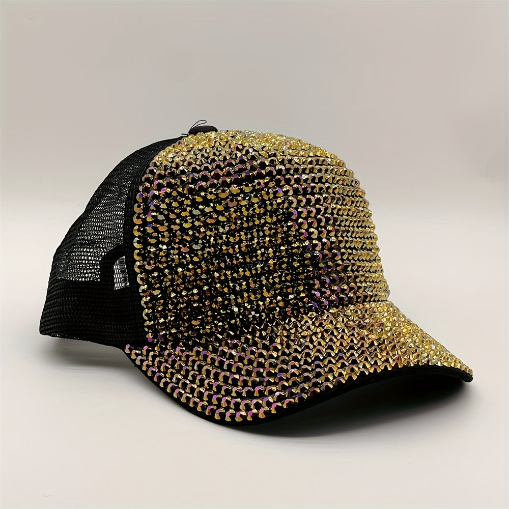Golden Rhinestone Baseball Cap Mesh Hip Hop Trucker Hat