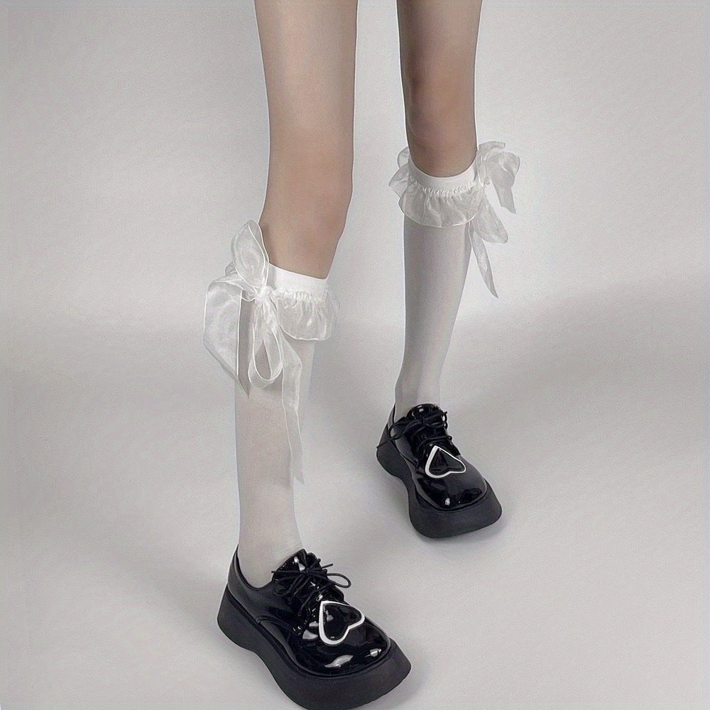 Ruffle Bow Calf Socks Sweet College Style Knee High Socks